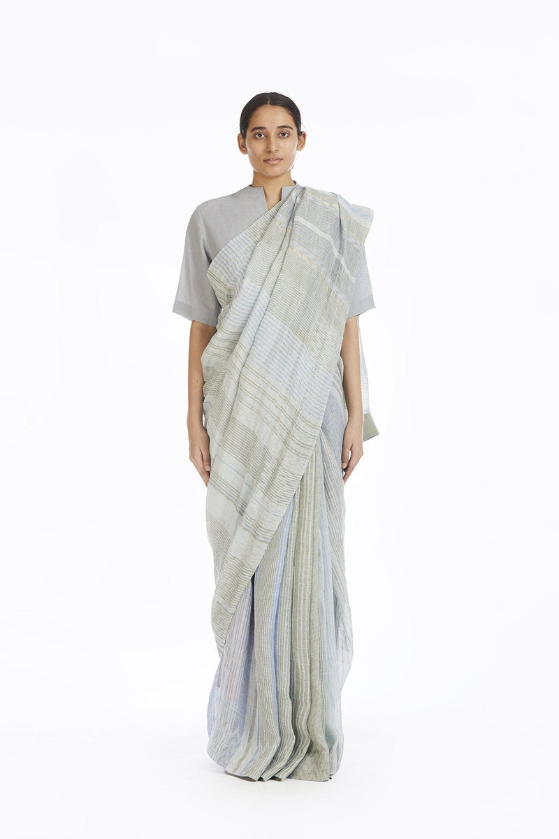 Handwoven Engineered Jaamdani Striped Linen Saree linen Sarees by Akaaro for women in Singapore