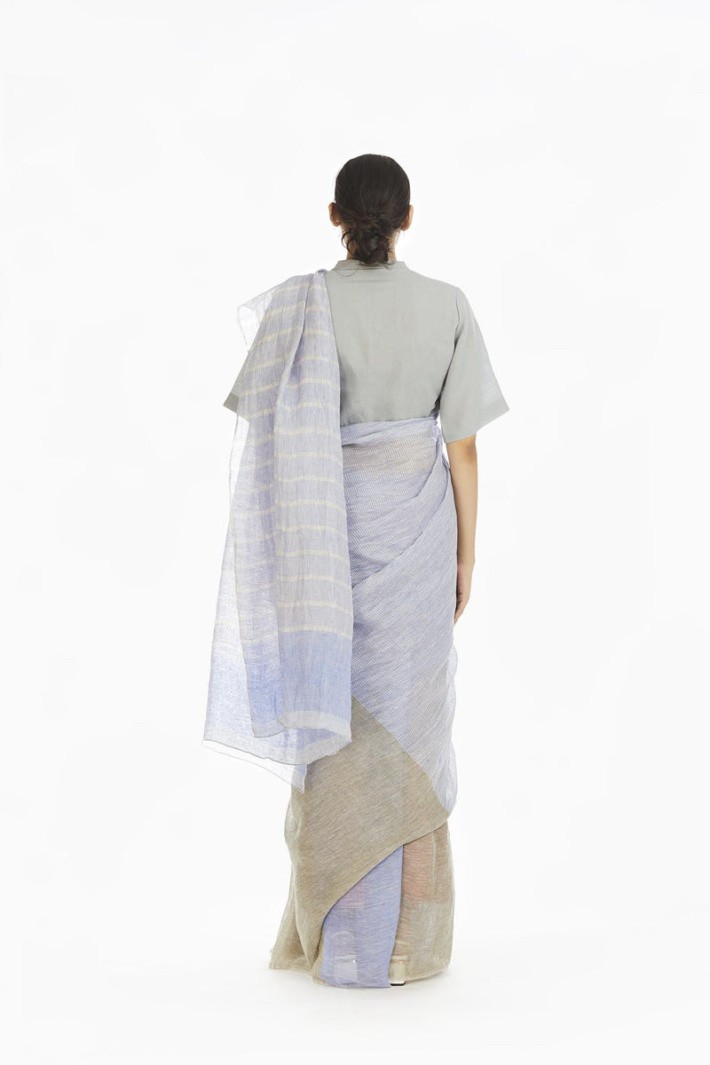 Handwoven Engineered Olive Blue Striped Saree linen Sarees by Akaaro for women in Singapore
