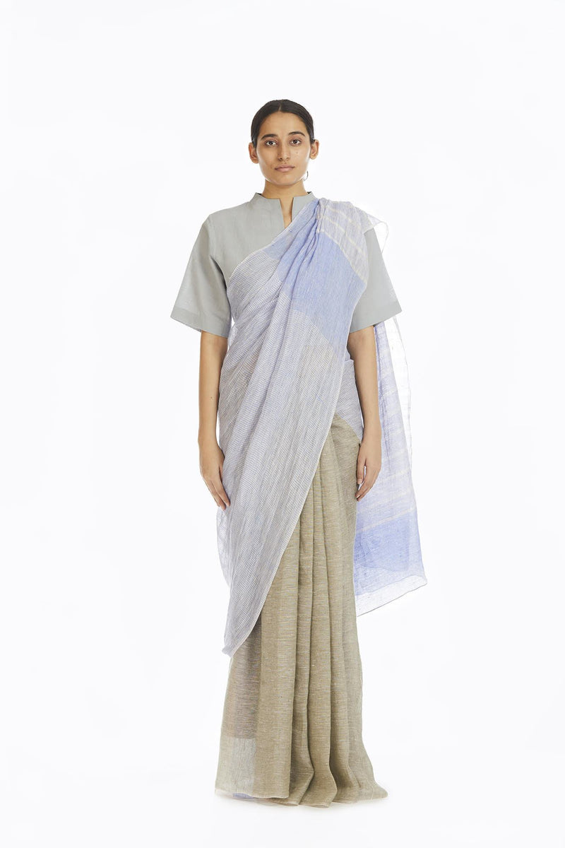 Handwoven Engineered Olive Blue Striped Saree linen Sarees by Akaaro for women in Singapore