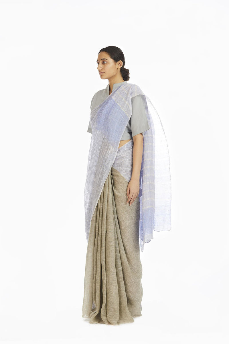Handwoven Engineered Olive Blue Striped Saree linen Sarees by Akaaro for women in Singapore