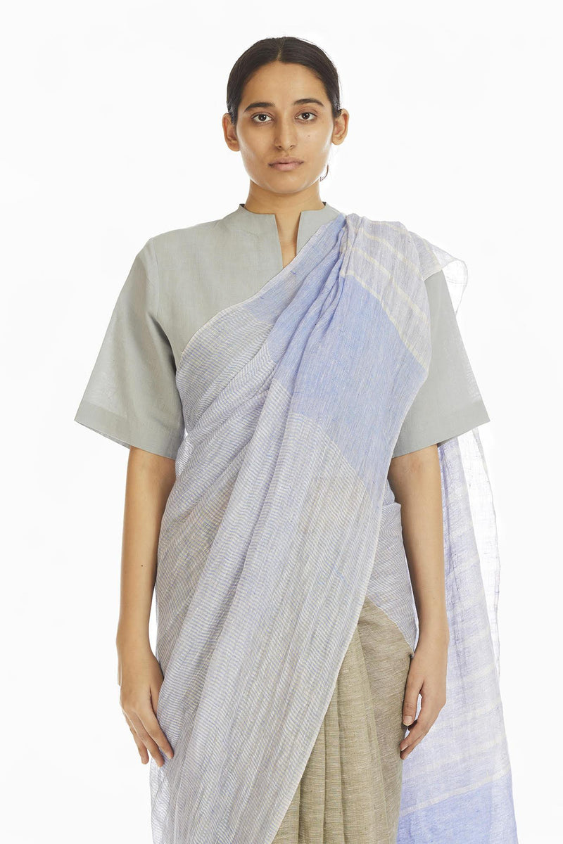 Handwoven Engineered Olive Blue Striped Saree linen Sarees by Akaaro for women in Singapore