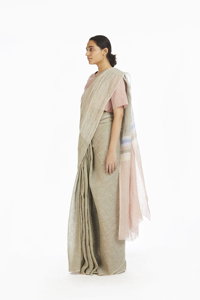 Handwoven Engineered Olive Soft Pink Linen Saree linen Sarees by Akaaro for women in Singapore