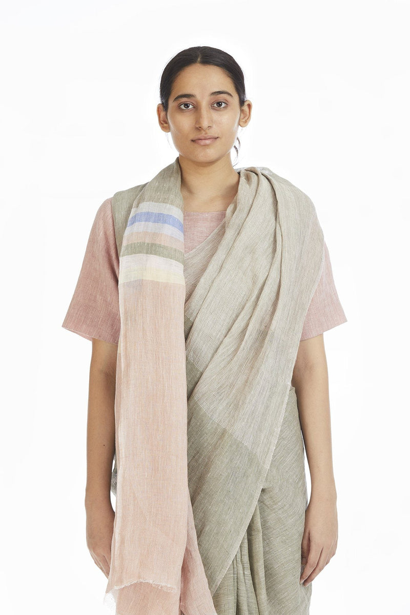 Handwoven Engineered Olive Soft Pink Linen Saree linen Sarees by Akaaro for women in Singapore