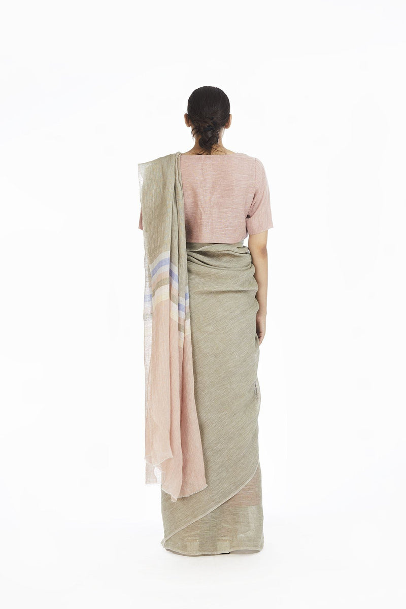 Handwoven Engineered Olive Soft Pink Linen Saree linen Sarees by Akaaro for women in Singapore