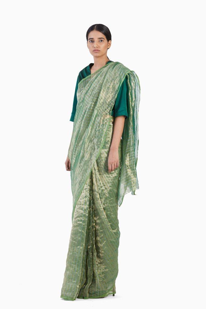 Handwoven Green Gold Striped Metallic Saree Sarees by Akaaro for women in Singapore