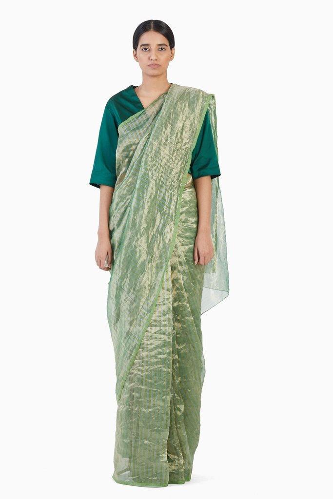Handwoven Green Gold Striped Metallic Saree Sarees by Akaaro for women in Singapore