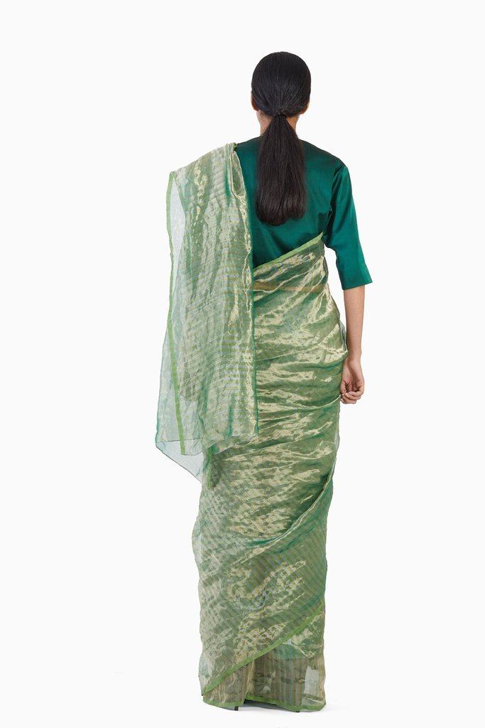 Handwoven Green Gold Striped Metallic Saree Sarees by Akaaro for women in Singapore