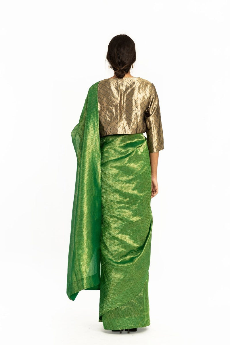 Handwoven Green Metallic Chevron Saree Fashion Akaaro