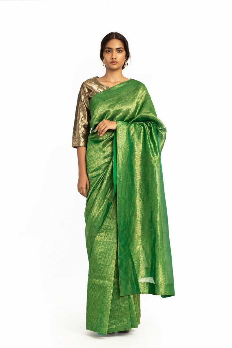 Handwoven Green Metallic Chevron Saree Fashion Akaaro