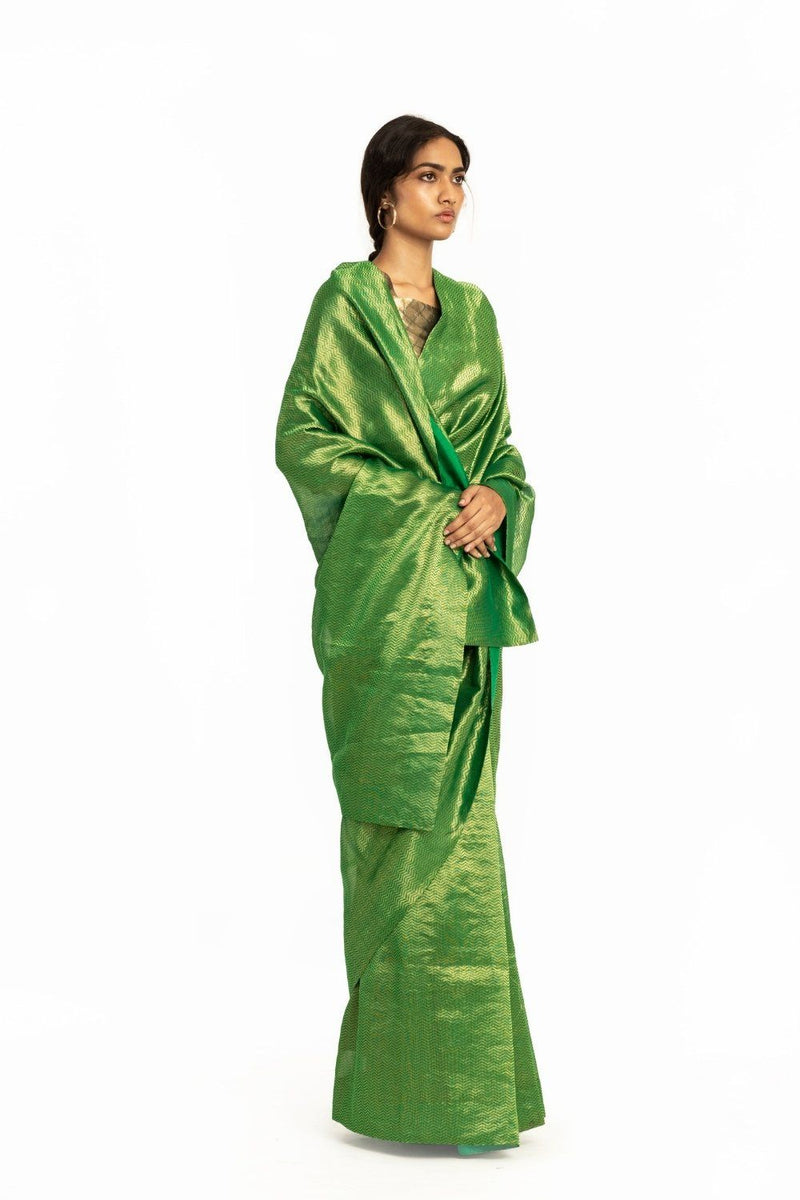Handwoven Green Metallic Chevron Saree Fashion Akaaro