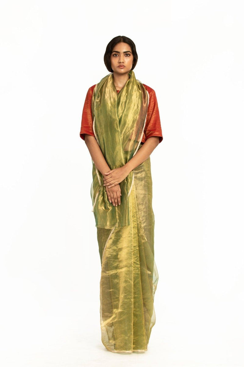 Handwoven Liquid Molten Green Gold Metallic Saree Fashion Akaaro