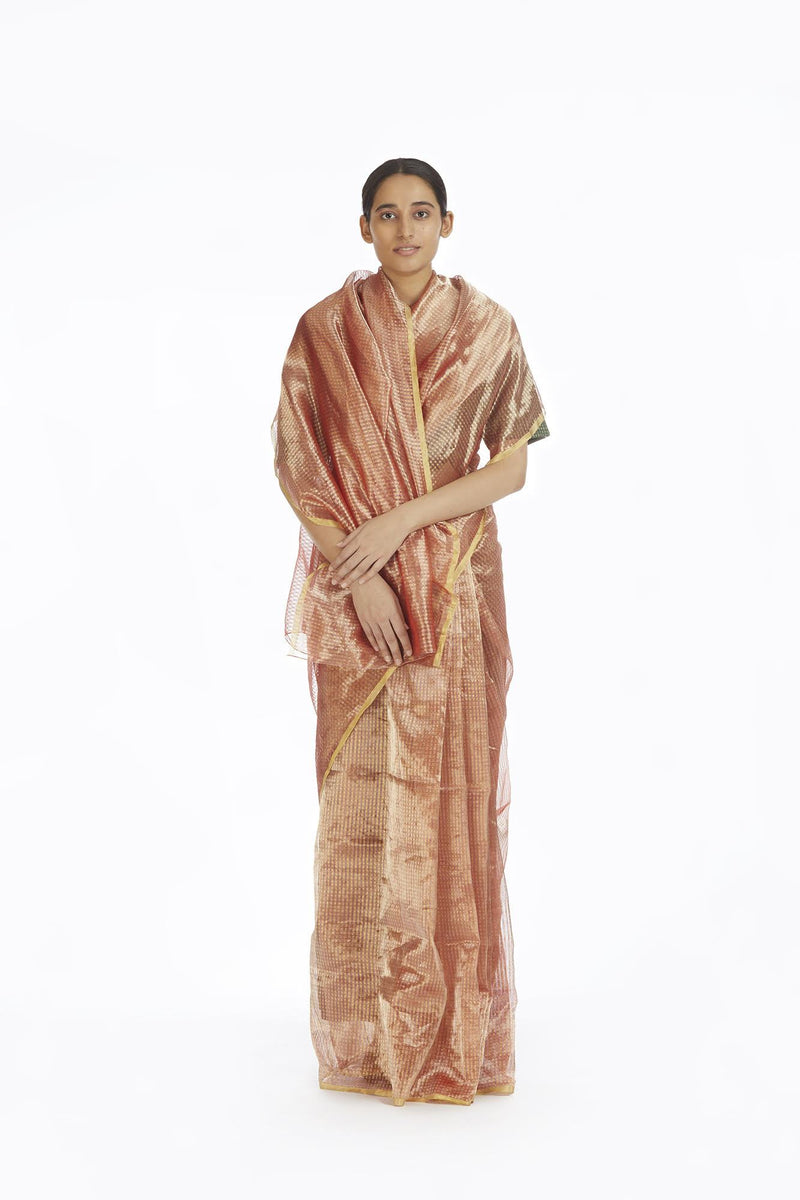 Handwoven Liquid Molten Pink Textured Metallic Saree Sarees by Akaaro for women in Singapore