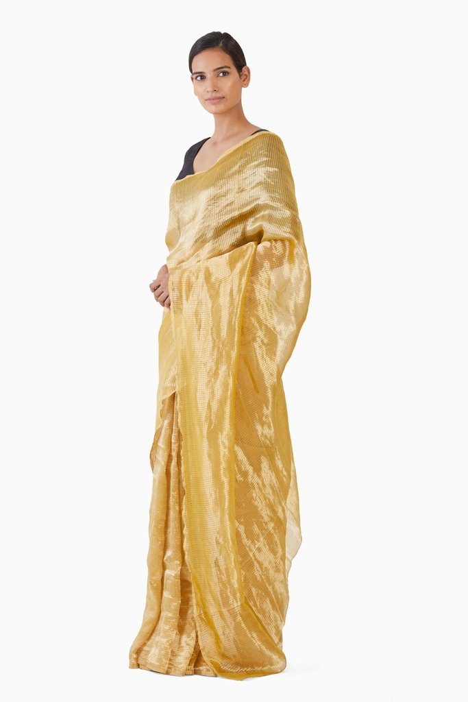 Handwoven Liquid Molten Yellow Textured Metallic Saree Sarees by Akaaro for women in Singapore