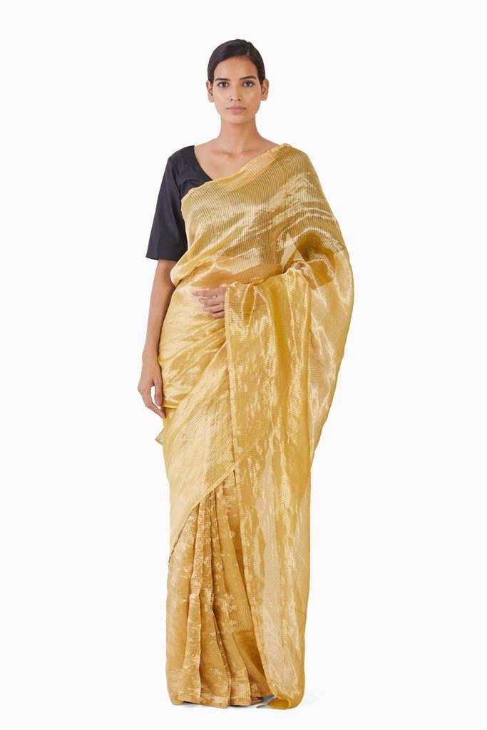 Handwoven Liquid Molten Yellow Textured Metallic Saree Sarees by Akaaro for women in Singapore