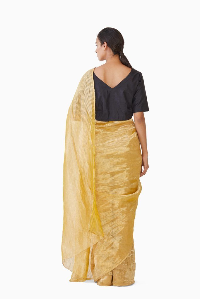 Handwoven Liquid Molten Yellow Textured Metallic Saree Sarees by Akaaro for women in Singapore