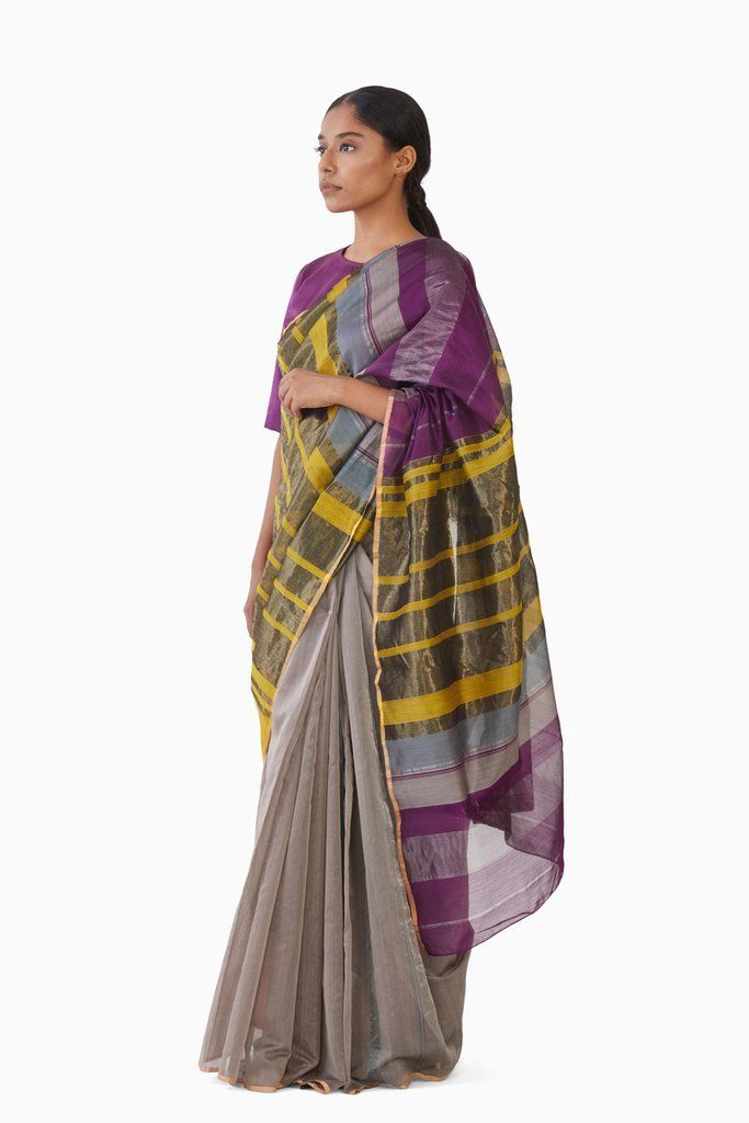 Handwoven Magenta Yellow Engineered Saree Sarees by Akaaro for women in Singapore