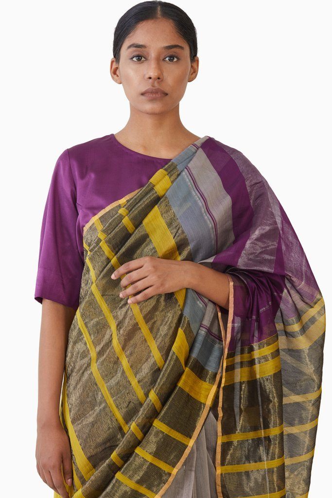 Handwoven Magenta Yellow Engineered Saree Sarees by Akaaro for women in Singapore