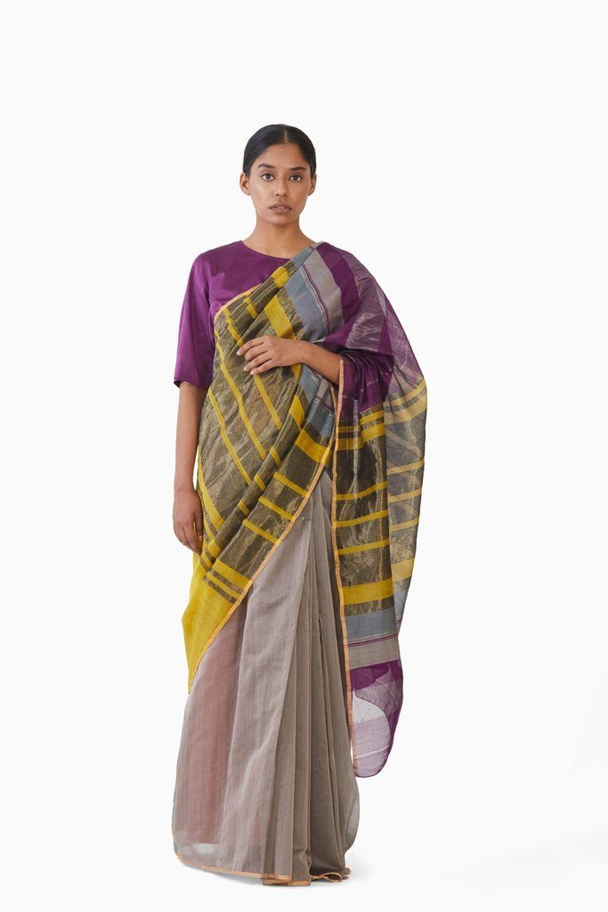 Handwoven Magenta Yellow Engineered Saree Sarees by Akaaro for women in Singapore