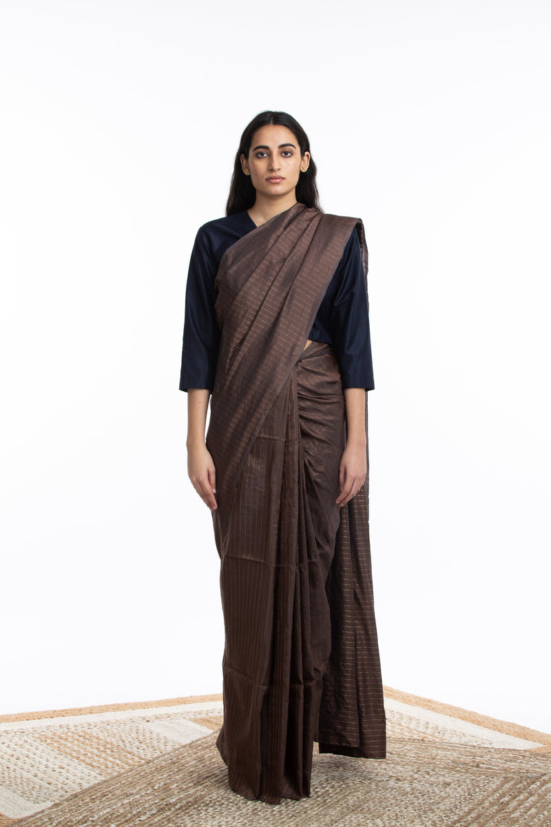 Handwoven Maroon Zari Striped Silk Saree Sarees by Akaaro for women in Singapore