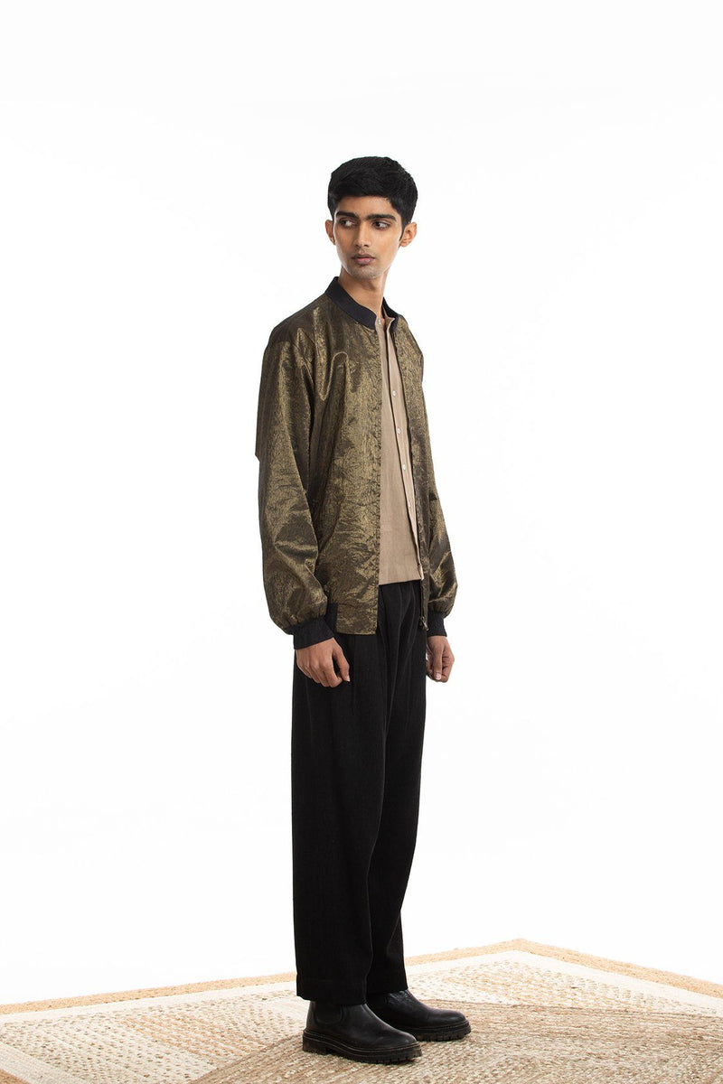 Handwoven Molten Gold Metallic Bomber Jacket Jackets & Overlays by Akaaro Men for men in Singapore