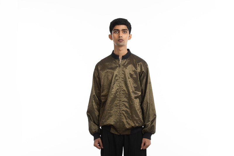 Handwoven Molten Gold Metallic Bomber Jacket Jackets & Overlays by Akaaro Men for men in Singapore