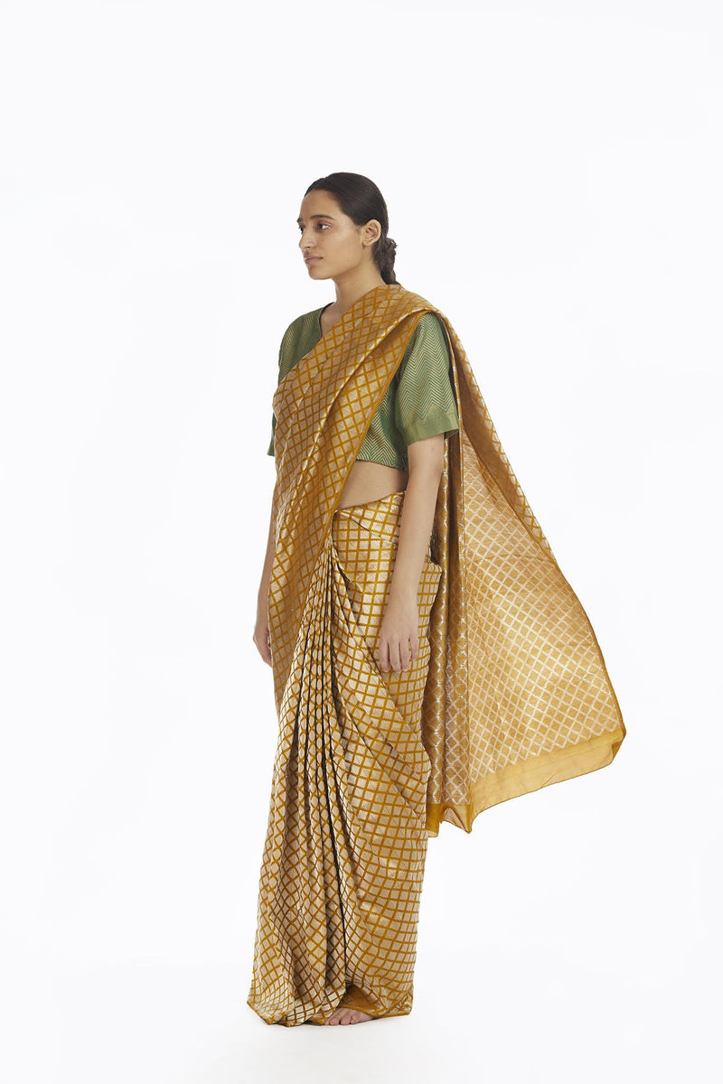 Handwoven Mustard Silk Brocade Saree Sarees by Akaaro for women in Singapore