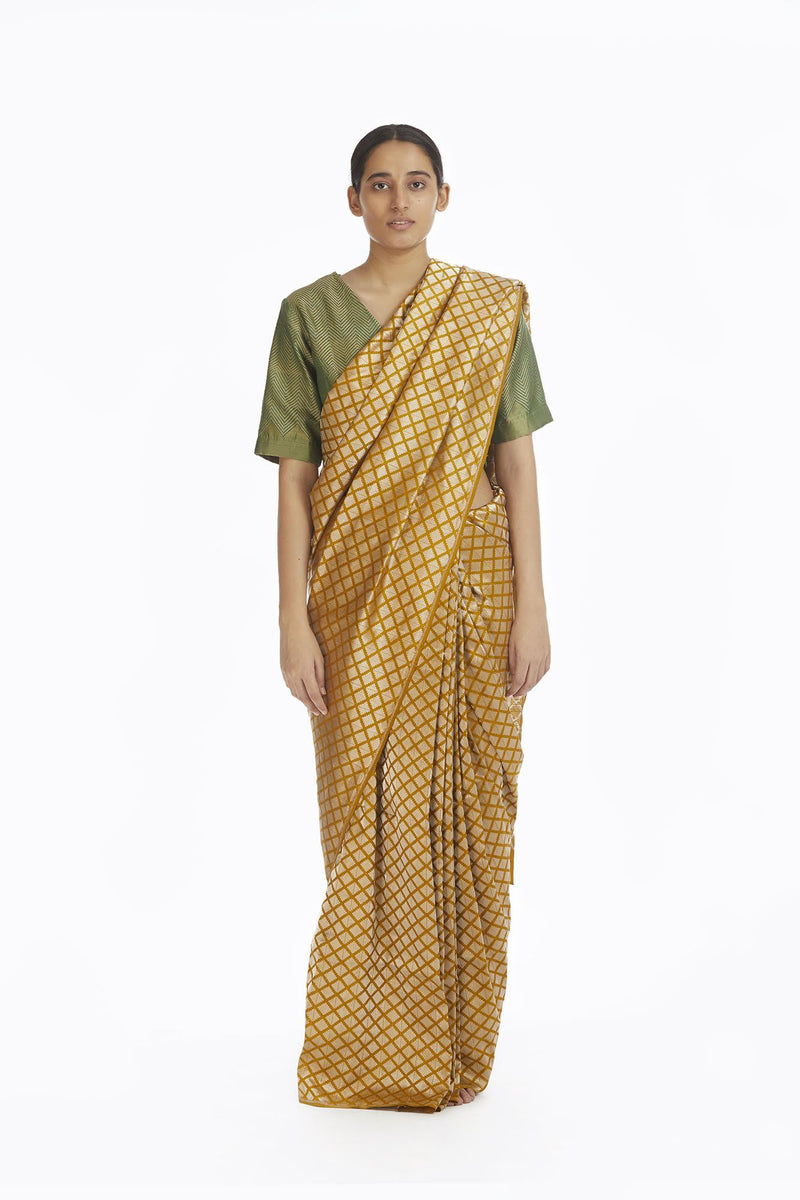 Handwoven Mustard Silk Brocade Saree Sarees by Akaaro for women in Singapore