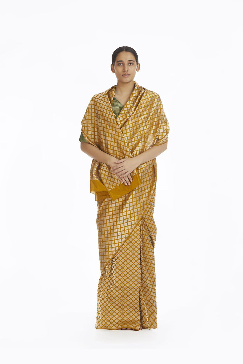Handwoven Mustard Silk Brocade Saree Sarees by Akaaro for women in Singapore