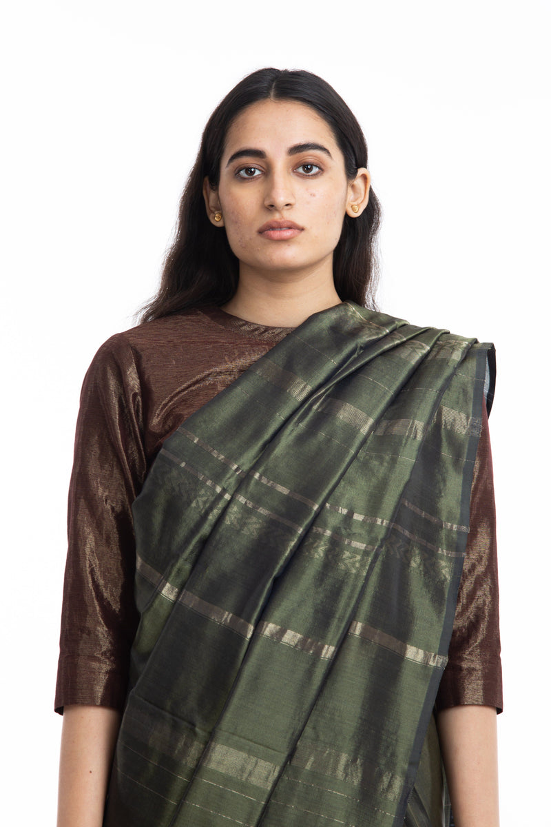 Handwoven Olive Engineered Saree Sarees by Akaaro for women in Singapore