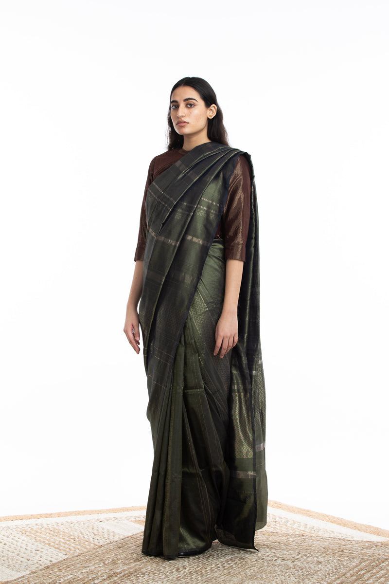 Handwoven Olive Engineered Saree Sarees by Akaaro for women in Singapore