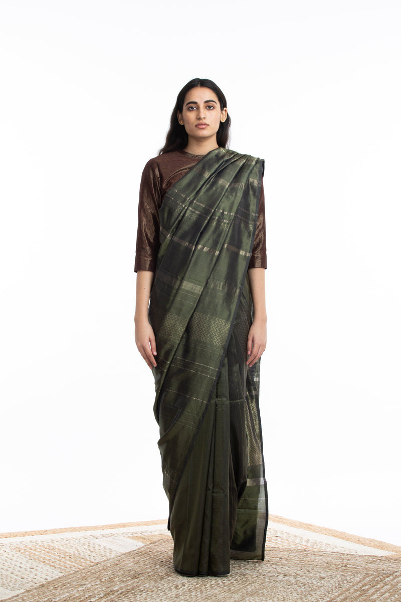 Handwoven Olive Engineered Saree Sarees by Akaaro for women in Singapore