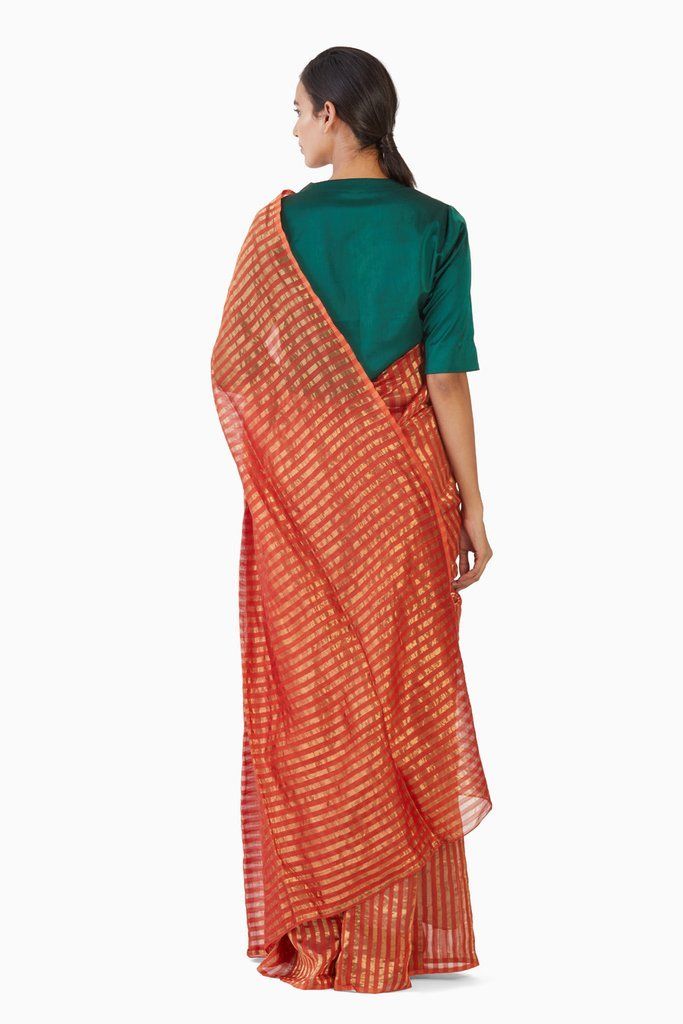 Handwoven Orange Gold Striped Silk Zari Saree Sarees by Akaaro for women in Singapore
