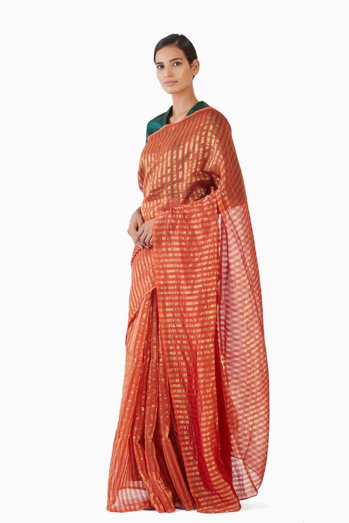 Handwoven Orange Gold Striped Silk Zari Saree Sarees by Akaaro for women in Singapore