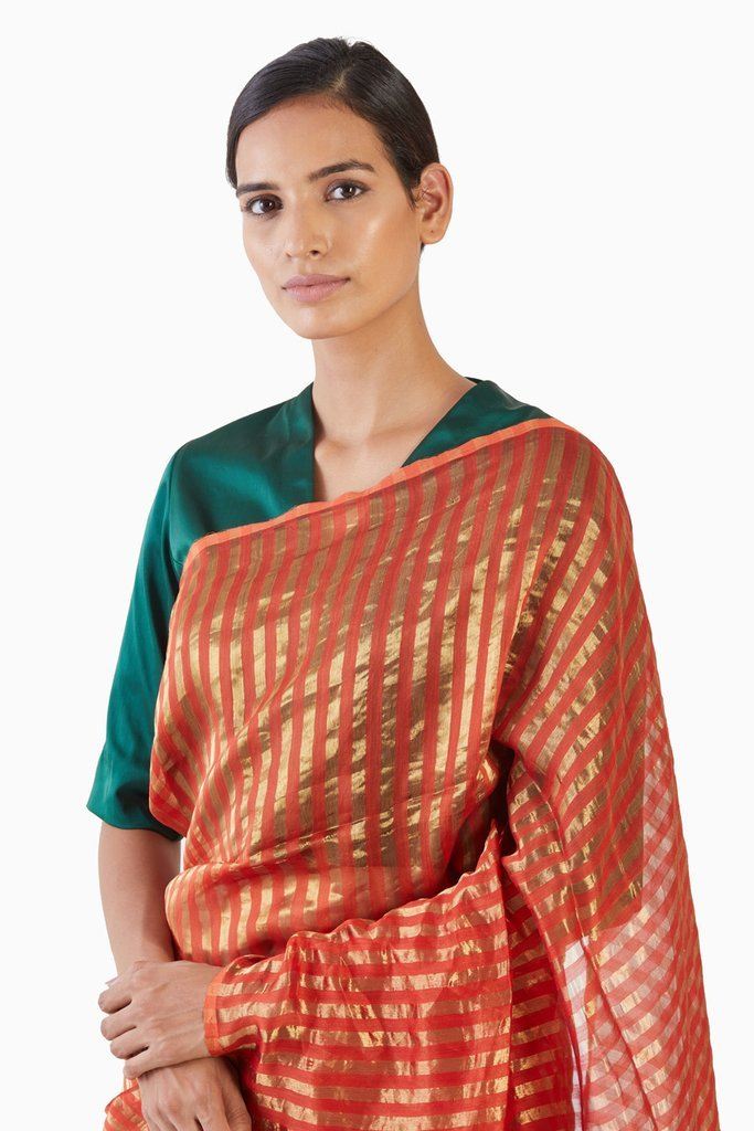 Handwoven Orange Gold Striped Silk Zari Saree Sarees by Akaaro for women in Singapore