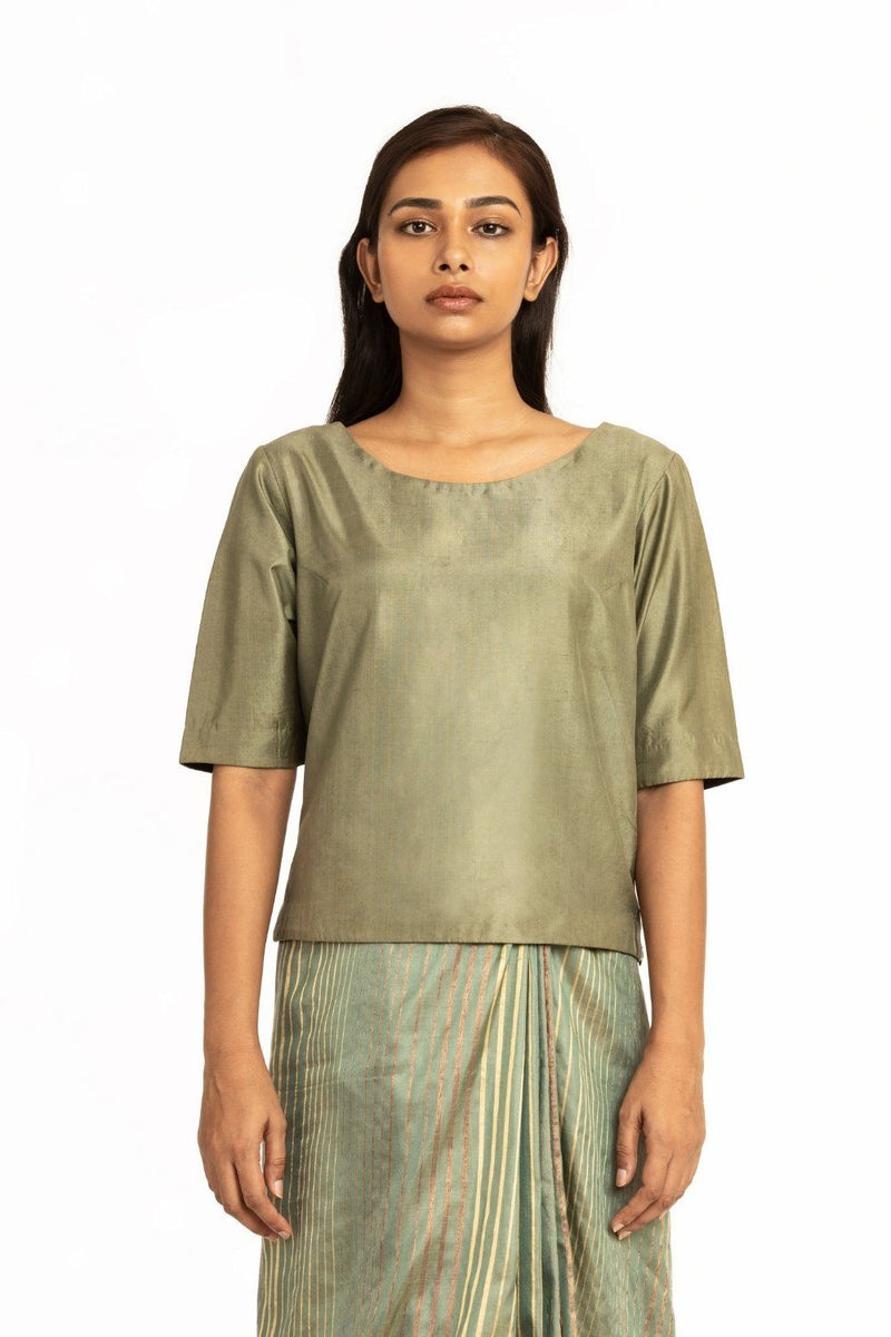 Handwoven Pale Green Round Neck Blouse Fashion Akaaro