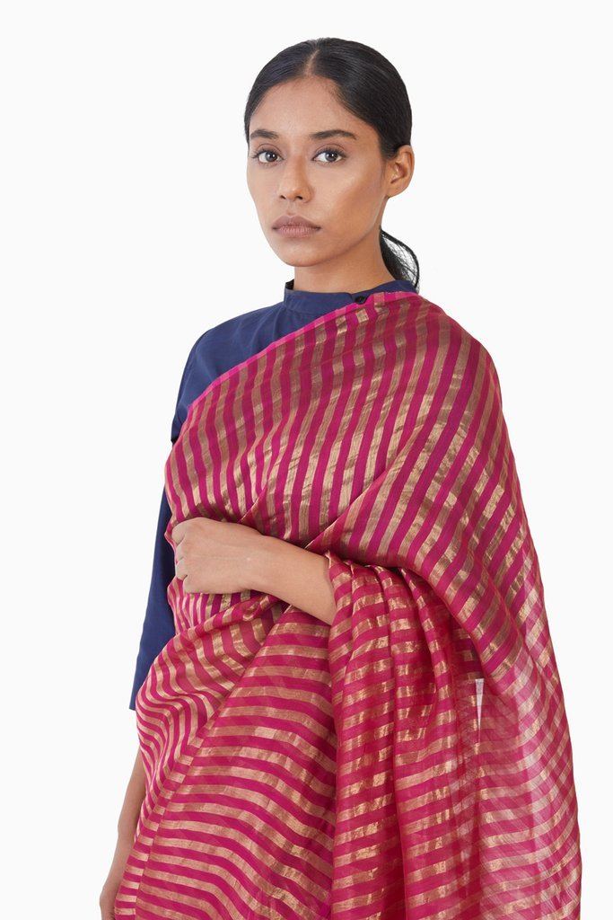 Handwoven Pink Gold Striped Metallic Saree Sarees by Akaaro for women in Singapore