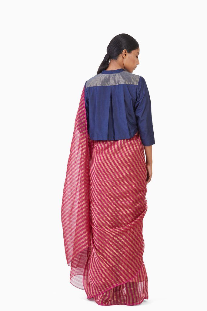 Handwoven Pink Gold Striped Metallic Saree Sarees by Akaaro for women in Singapore