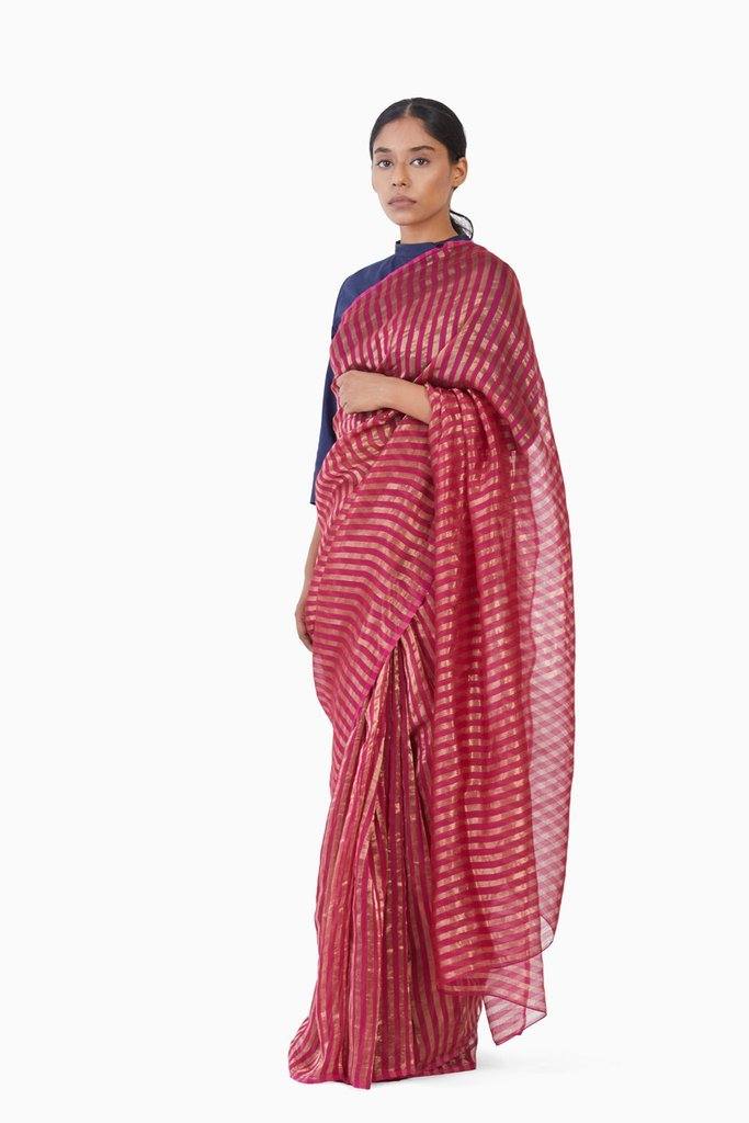 Handwoven Pink Gold Striped Metallic Saree Sarees by Akaaro for women in Singapore