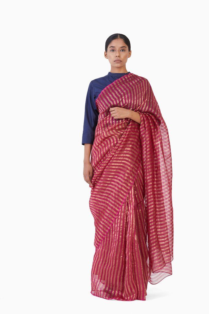 Handwoven Pink Gold Striped Metallic Saree Sarees by Akaaro for women in Singapore