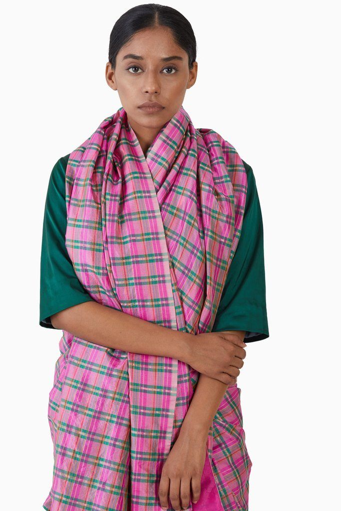 Handwoven Pink Green Striped Silk Saree Sarees by Akaaro for women in Singapore