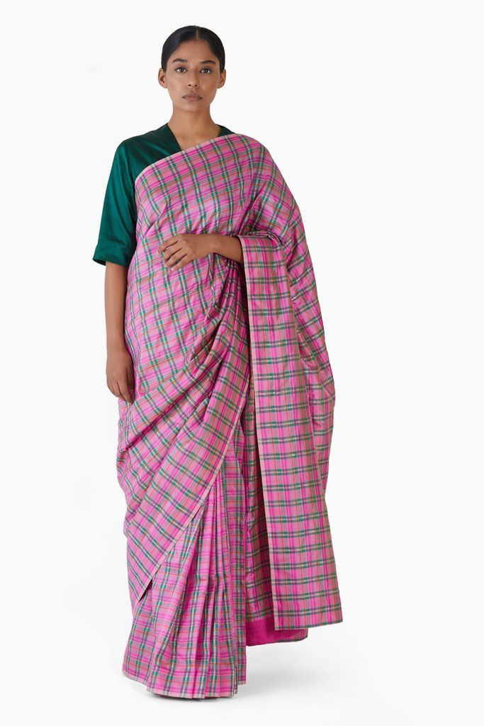 Handwoven Pink Green Striped Silk Saree Sarees by Akaaro for women in Singapore