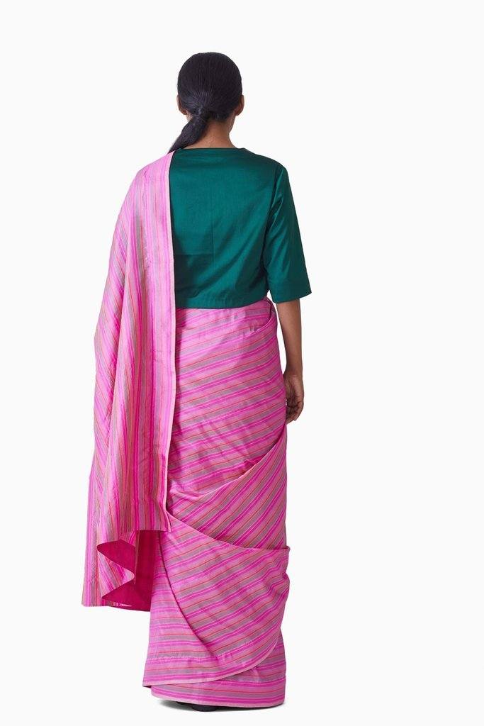 Handwoven Pink Multi Striped Silk Saree Sarees by Akaaro for women in Singapore
