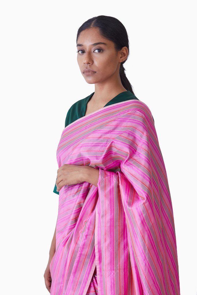 Handwoven Pink Multi Striped Silk Saree Sarees by Akaaro for women in Singapore