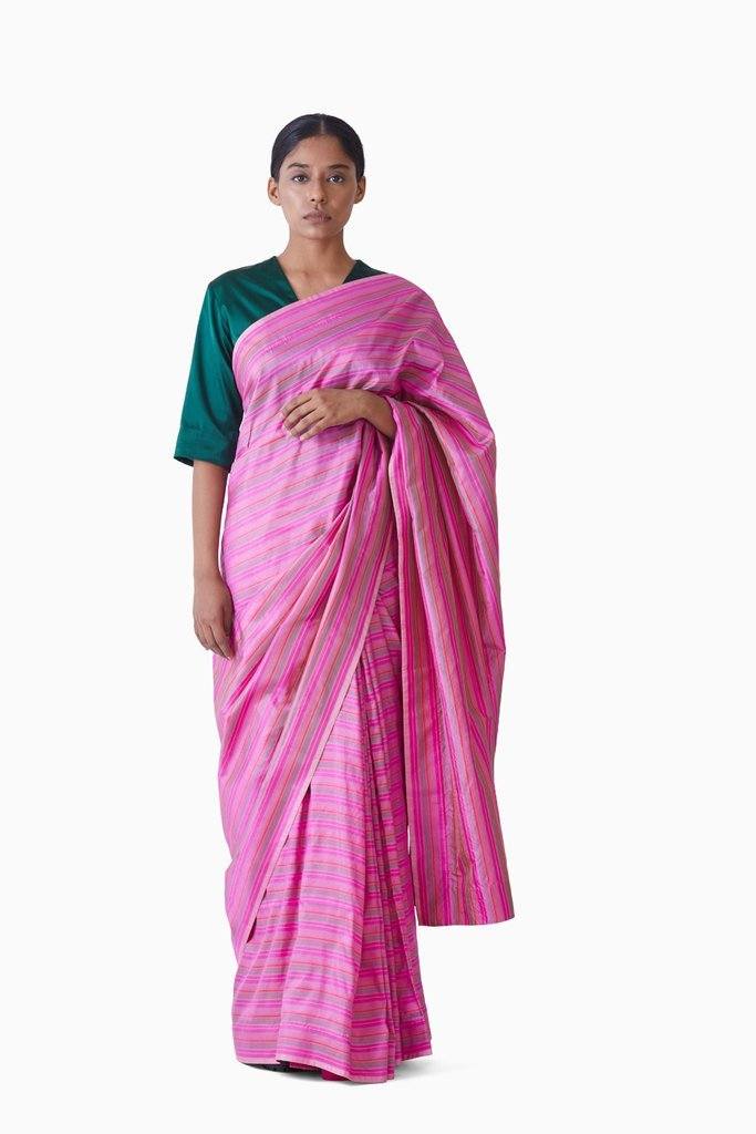 Handwoven Pink Multi Striped Silk Saree Sarees by Akaaro for women in Singapore