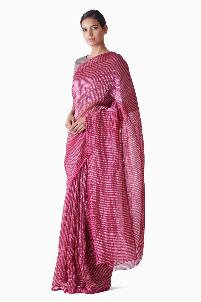 Handwoven Pink Silver Striped Saree Sarees by Akaaro for women in Singapore