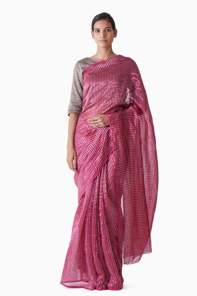 Handwoven Pink Silver Striped Saree Sarees by Akaaro for women in Singapore