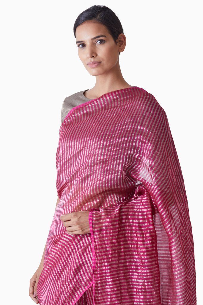Handwoven Pink Silver Striped Saree Sarees by Akaaro for women in Singapore