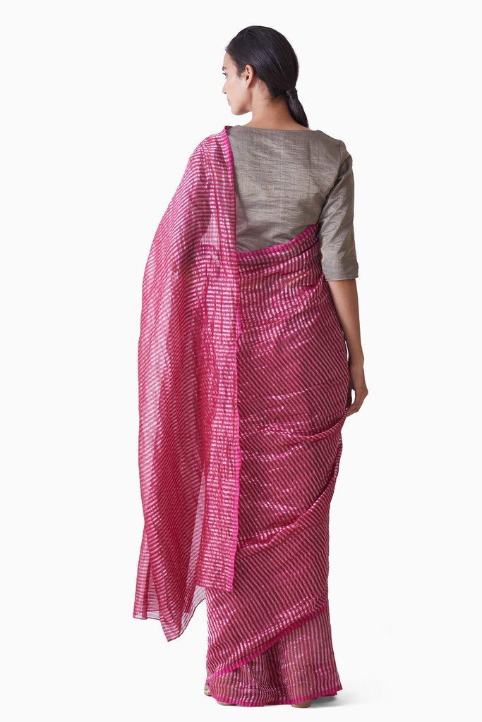 Handwoven Pink Silver Striped Saree Sarees by Akaaro for women in Singapore