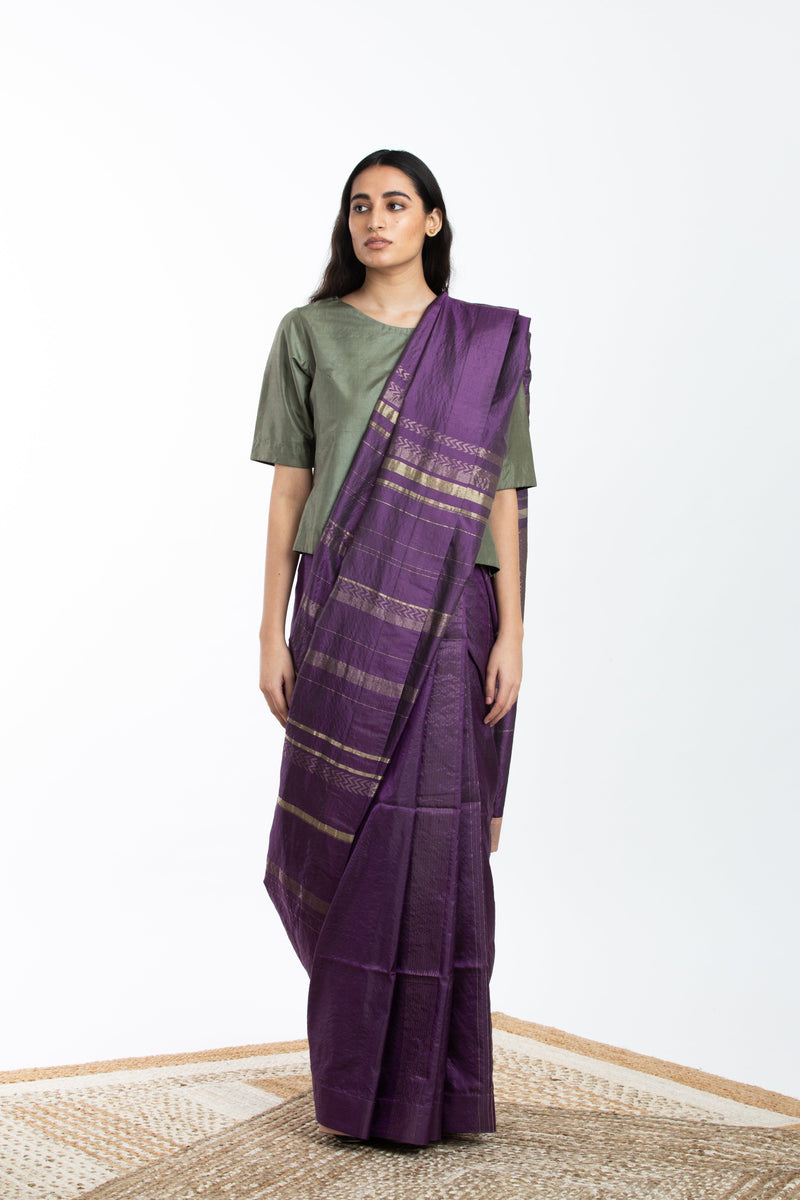 Handwoven Purple Engineered Silk Saree Sarees by Akaaro for women in Singapore