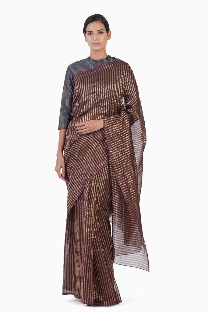 Handwoven Purple Gold Striped Silk Zari Saree Sarees by Akaaro for women in Singapore